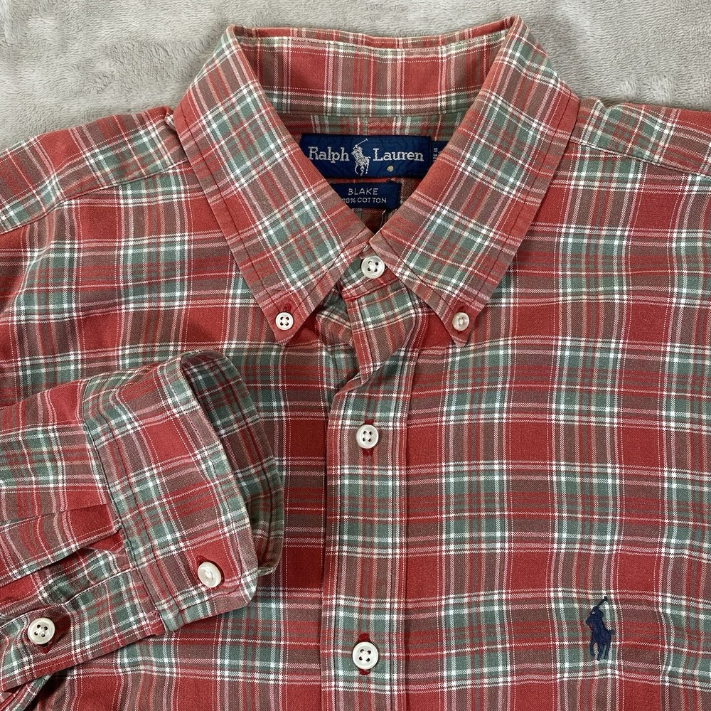 Ralph Lauren Shirt‎ Mens L Blake Red Green Pony Long Sleeve Cotton
